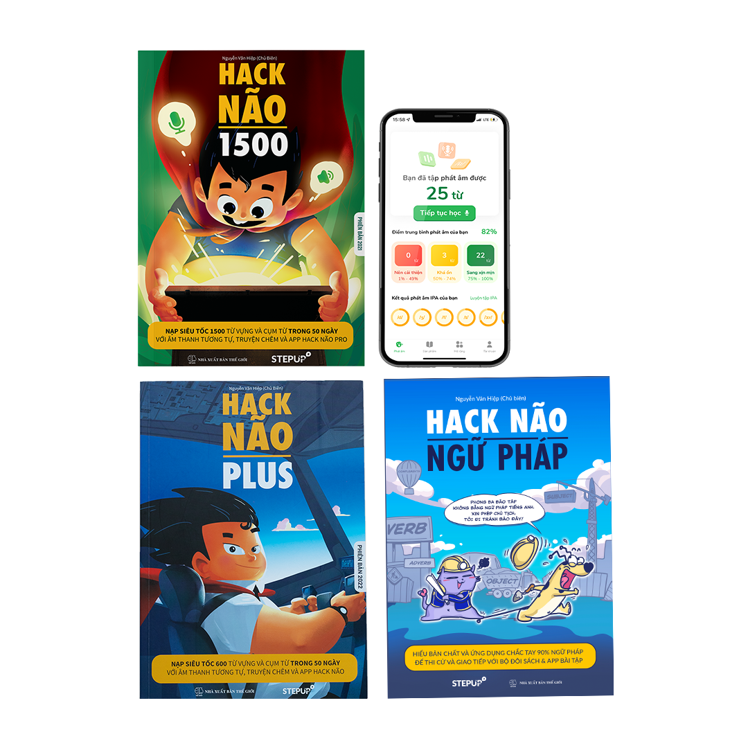 Sách - Combo 3 cuốn Hack Não 1500 + Hack Não Ngữ Pháp + Hack Não Plus + Tặng App Hack Não Pro học miễn phí