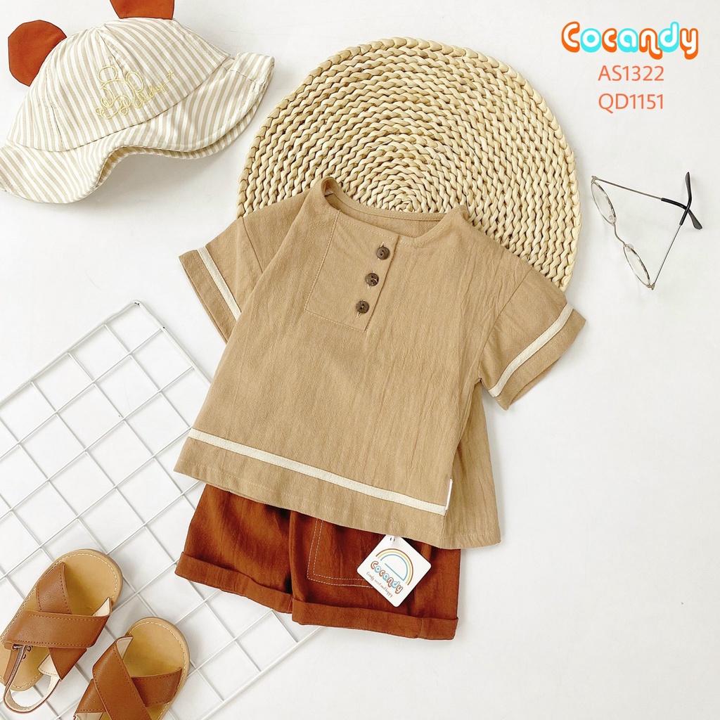 Set đồ cho bé- Áo nâu viền be và Quần cộc đũi nâu cúc túi cho bé của COCANDY mã AS132272, QD115175