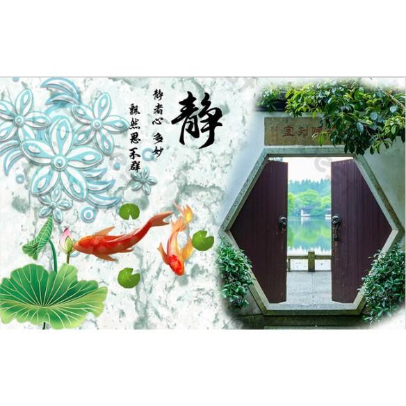 Tranh dán tường Tranh hoa mẫu đơn và đàn cá chép vui vẻ, tranh dán tường 3d hiện đại MS992587