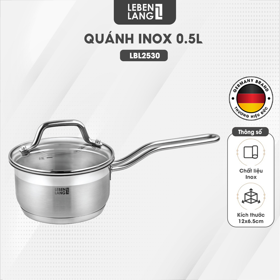 Quánh inox 304 vung kính đáy 3 lớp Lebenlang LBL2530,  LBL2531, LBL2532, size 12,14,16, dùng các loại bếp - hàng chính hãng