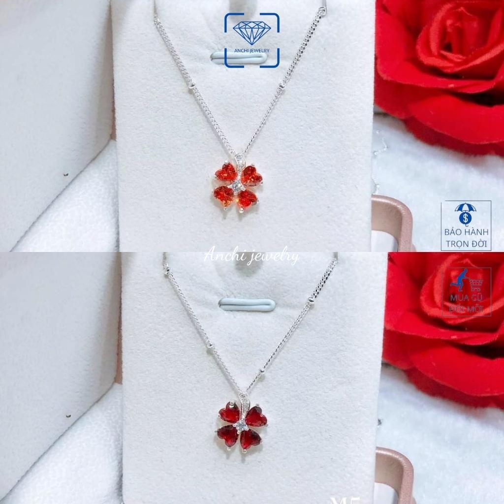 Vòng cổ cỏ 4 (bốn) lá nữ bạc thật đeo không đen đính đá to màu đỏ xanh tím - Anchi jewelry, quà 8 3