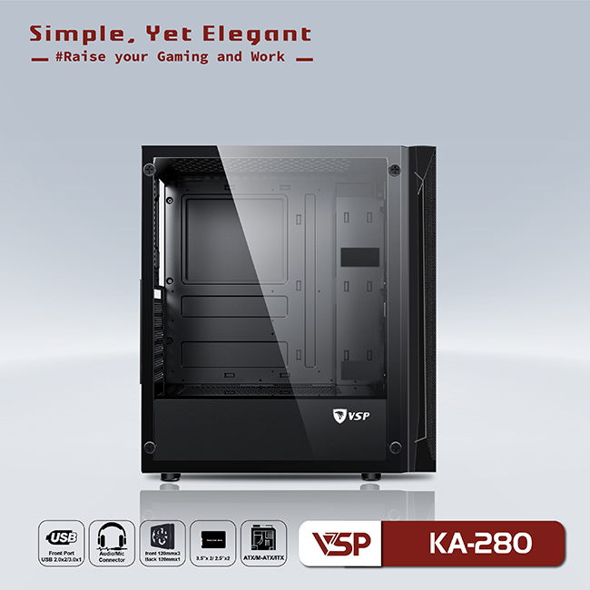 Vỏ máy tính Case VSP KA 280 (ATX/Mini ATX/Micro ATX) (không FAN) Gaming Kính cường lực - Hàng chính hãng Tech Vision phân phối