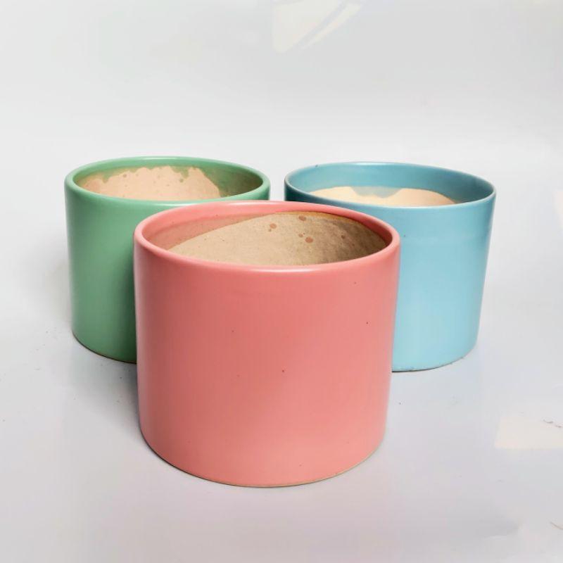 Chậu sứ trồng cây hình trụ trơn, men lạnh, nhiều màu sắc