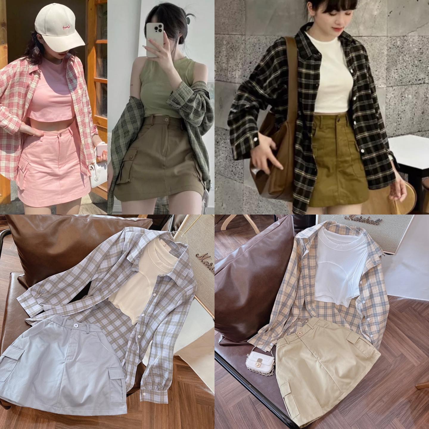 SET ÁO SƠ MI CARO RỘNG + ÁO CROPTOP THUN PASTEL + CHÂN VÁY NGẮN LƯNG CAO TÚI HỘP SUÔNG TRƠN DẠO PHỐ CÔNG SỞ DỰ TIỆC