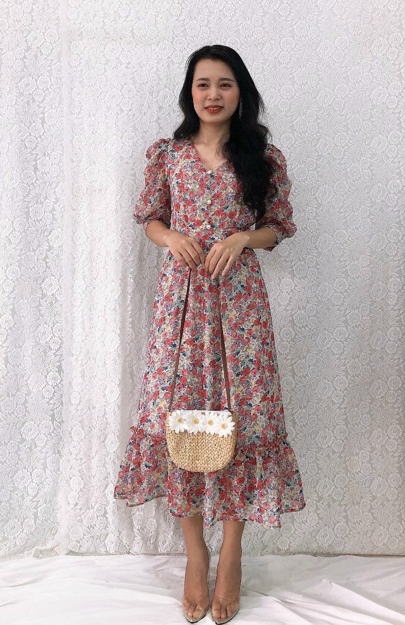 Đầm xòe voan hoa cổ tim tay phồng nhún bèo lai S&M GR193 - Hình thật do shop chụp