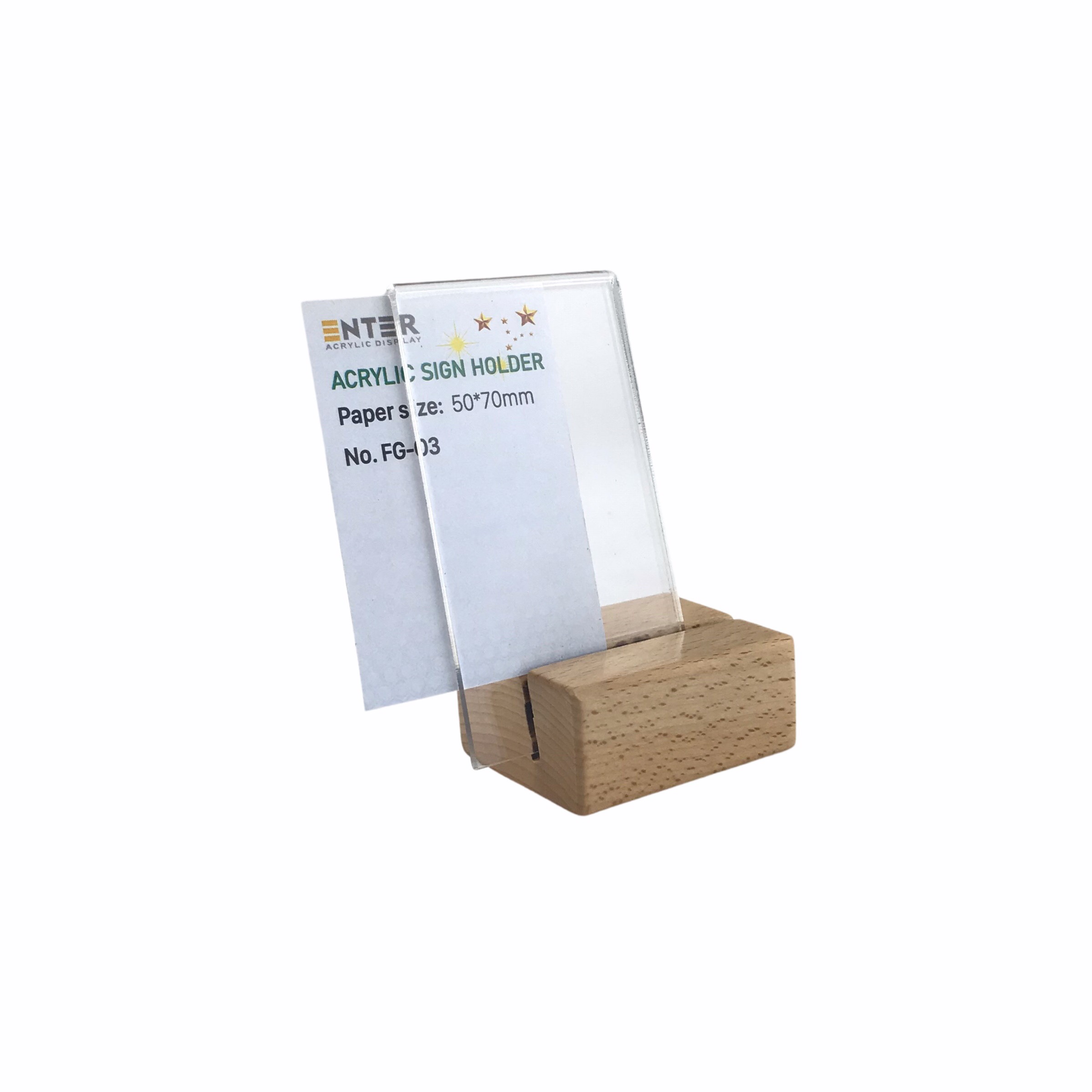 Kệ mica 1 mặt đế gỗ Enter FG-03 50x70mm, Kệ thông tin sản phẩm, Standee mica để bàn, Bảng quét mã QR Code