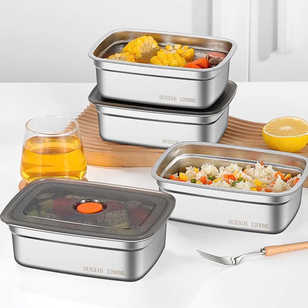Hộp Đựng Thực Phẩm Tủ Lạnh, Đồ Ăn Bằng Inox 304 Có Nắp Nhựa Kèm Theo Tiện Lợi (135x105x58 mm) Và Loại To ( 250x200x60 mm)
