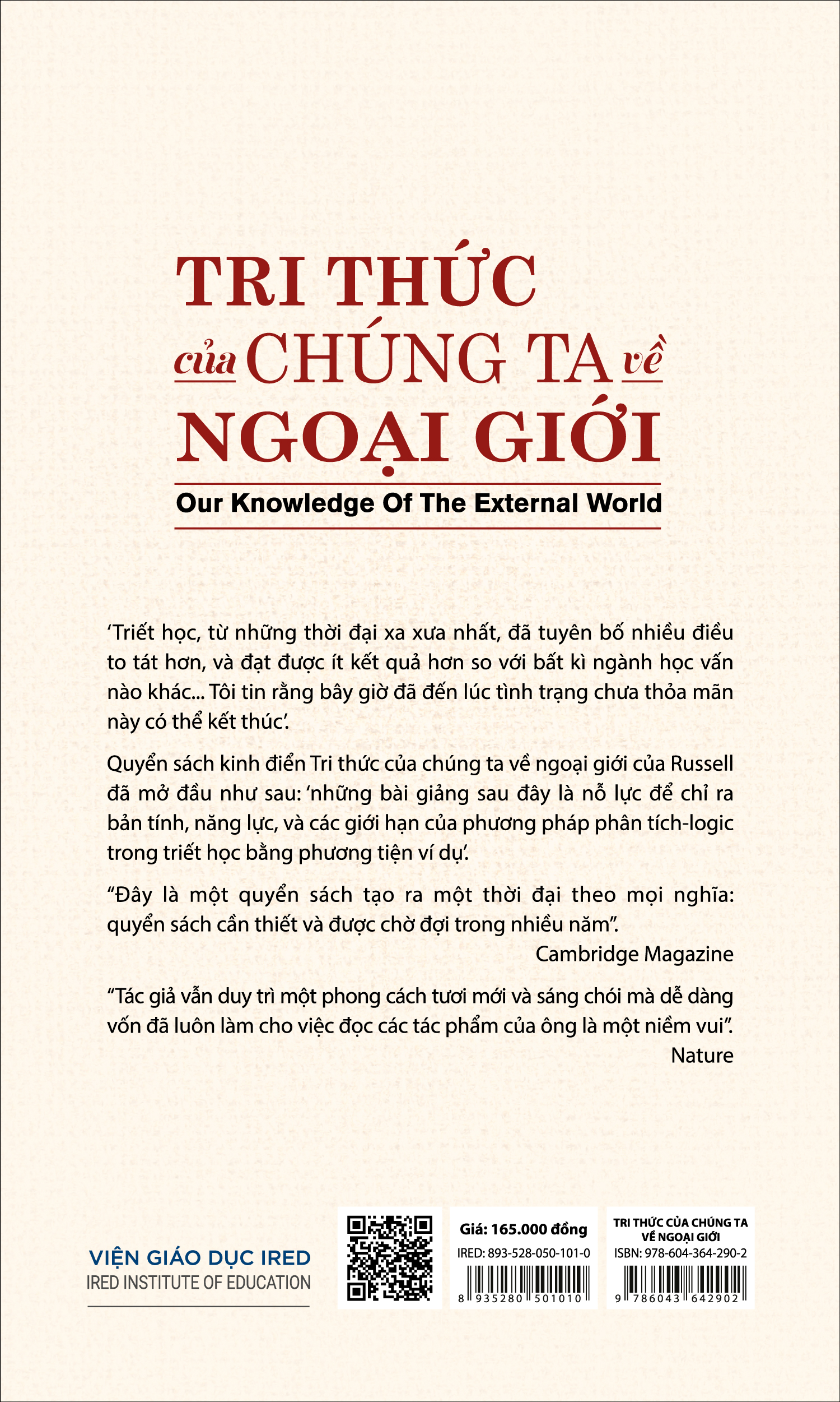 TRI THỨC CỦA CHÚNG TA VỀ NGOẠI GIỚI (Our Knowledge of the External World) - Bertrand Russell - Huỳnh Duy Thanh dịch - (bìa mềm)