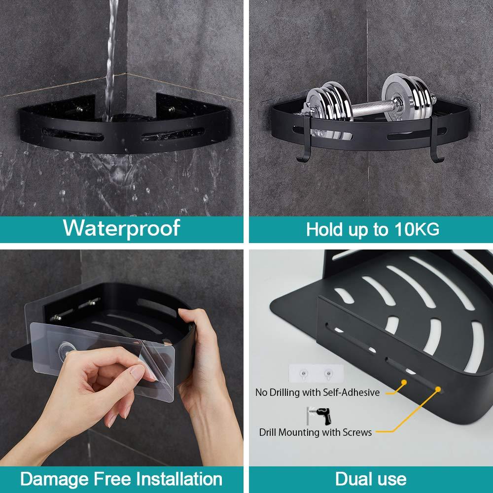 Kệ góc nhà tắm bằng nhôm hình máy bay không khoan với 2 móc treo vòi hoa sen Giá đỡ chống gỉ tự dính cho các vật dụng phòng tắm 2 miếng màu đen