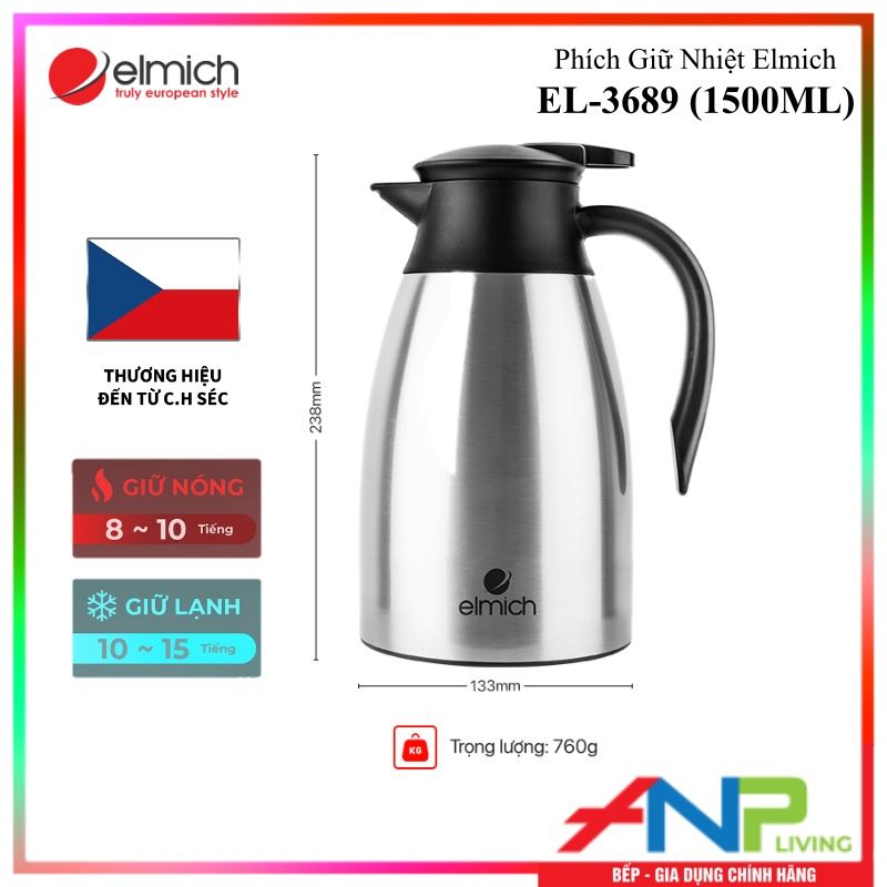 Bình Giữ Nhiệt 3 lớp, Inox 304 Tráng bạc Elmich EL-3689 (Dung tích 1500ml) / EL-3690 (Dung tích 2000ml) - Hàng Chính Hãng