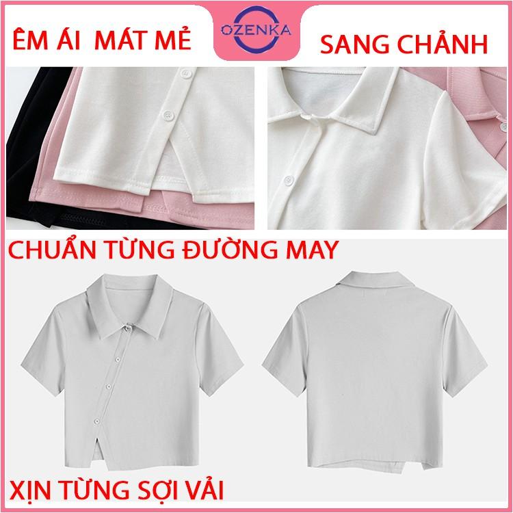 Áo croptop polo nữ tay ngắn vạt chéo , áo thun nữ có cổ cúc thật thun gân 100% cotton nhiều màu size dưới 50 cân