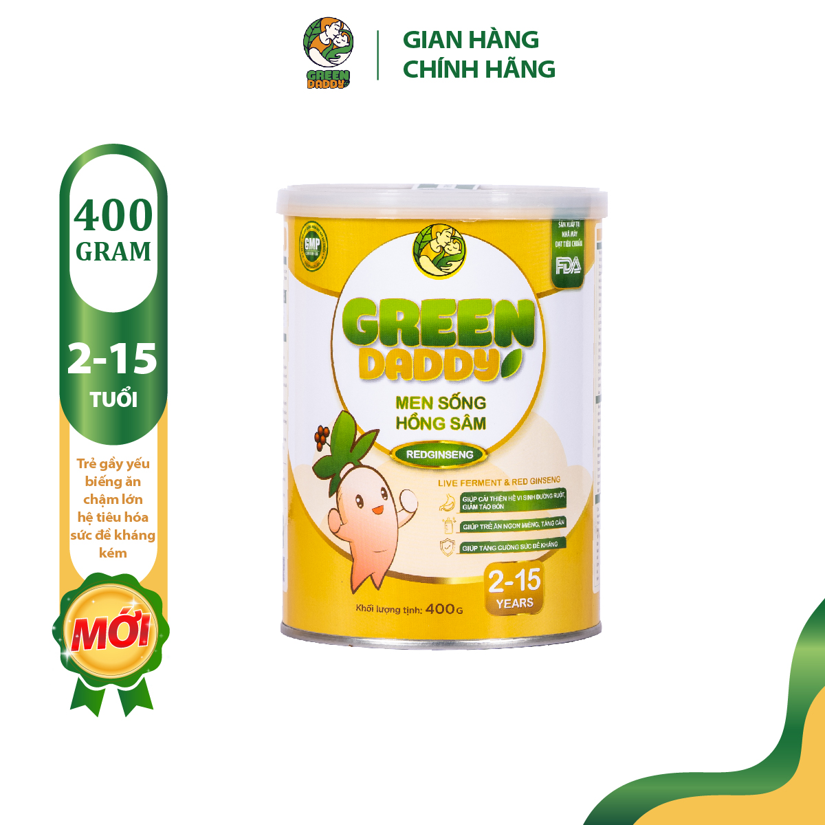 Sữa bột, Sữa non Green Daddy Men sống Hồng Sâm lon 400g hỗ trợ bé ăn ngon, giảm táo bón, tăng sức đề kháng cho bé từ 2 - 15 tuổi