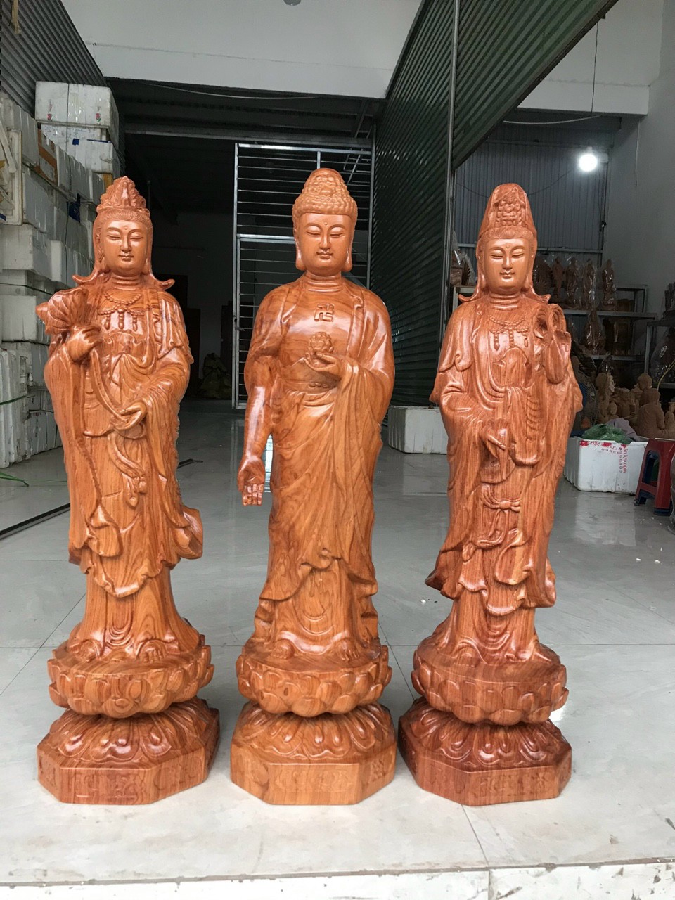 Tượng phật tây phương tam thánh bằng gỗ hương đá liền khối kt cao 60×20×20cm