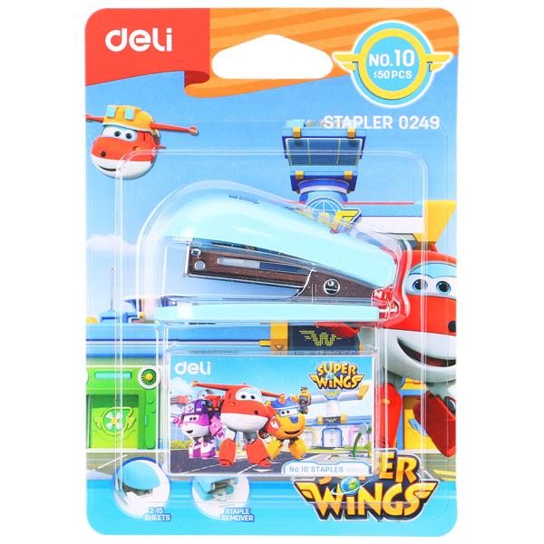 Bộ Bấm Ghim + Kim Bấm Số 10 Super Wings - Deli E0249 - Xanh Da Trời