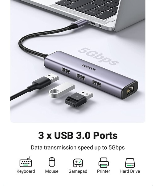 Hub chia USB Type-C ra 3 cổng USB 3.0 Type-A kèm Lan Gigabit vỏ nhôm Ugreen 60600 - Hàng chính hãng