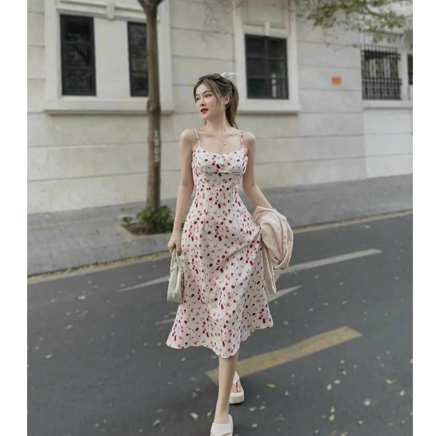 Sét đầm midi xốp hoa 2s kèm áo khoác thun hot trend