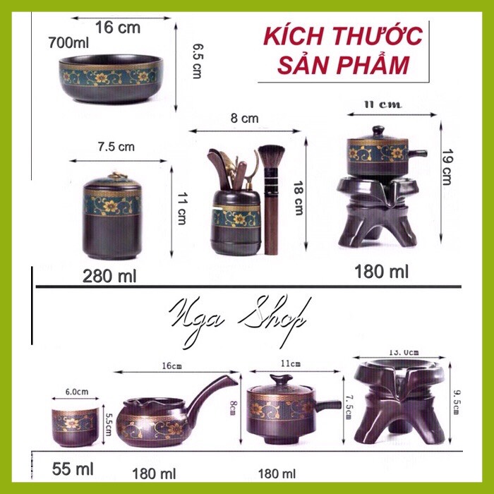 Bộ ấm chén pha trà đẹp Cối xay gốm sứ cao cấp,Bộ chén uống trà đạo 18 chi tiết hoa cẩm xanh lòng chén trắng