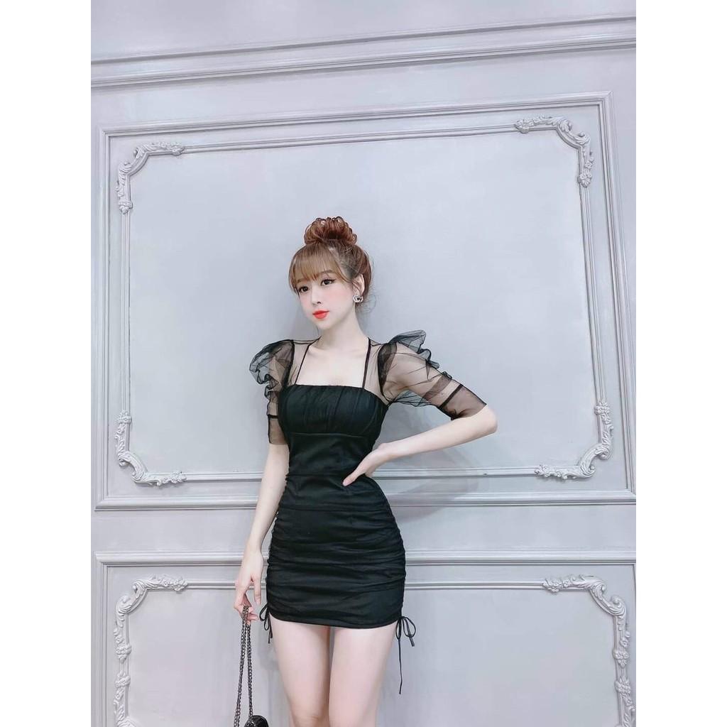 Đầm body rút dây hai bên hông tay phối lưới