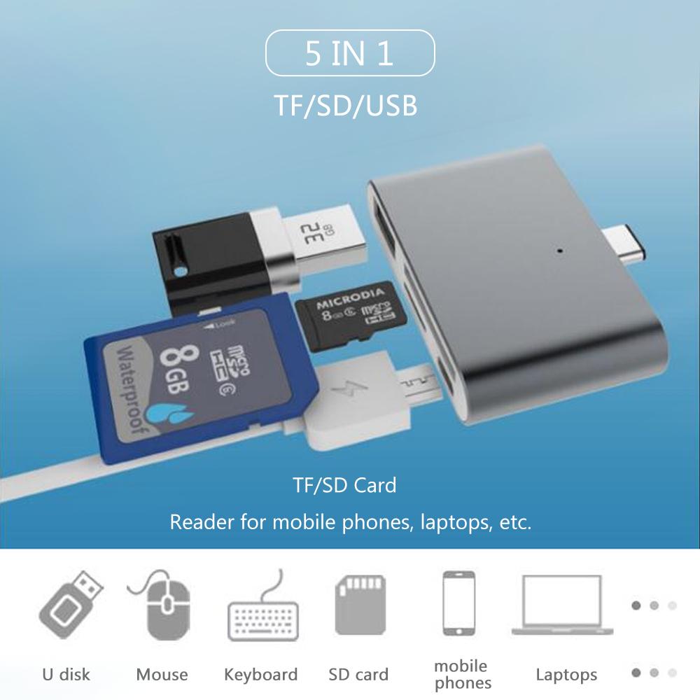 Bộ chuyển đổi 5 IN 1 HUB Type-C đa chức năng, Plug & Play cho điện thoại di động, Đĩa OTG USB 3.0 U có đầu đọc thẻ TF, SD