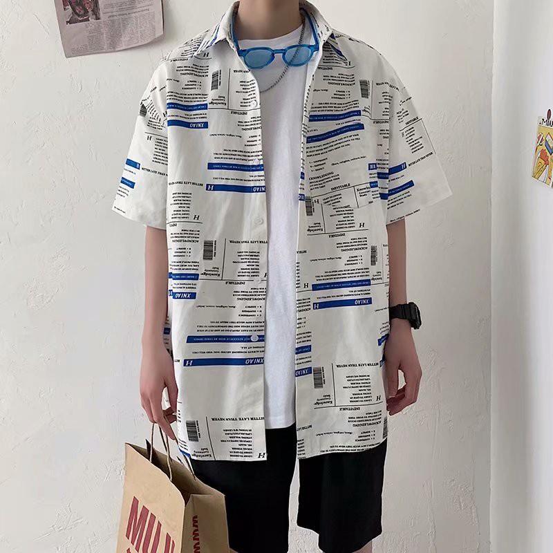 Áo sơ mi rộng thoải mái tay ngắn in chữ tiếng Anh thời trang mùa hè dành cho nam