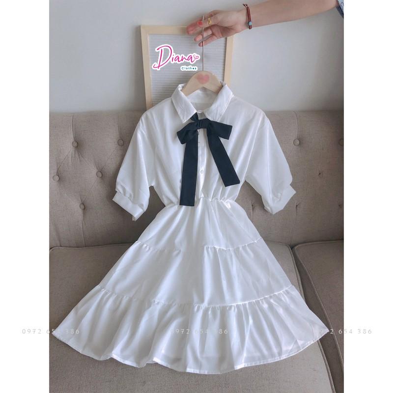 Váy nữ đầm babydoll cổ nơ - Màu đen trắng - dáng xoè tay phồng kiểu dáng Hàn Quốc