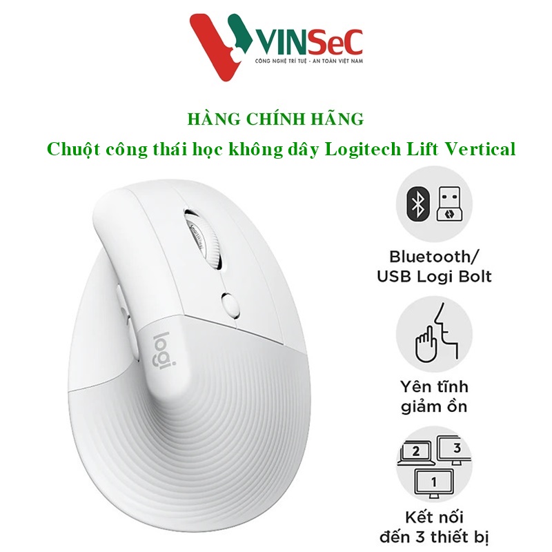 Chuột công thái học không dây Logitech Lift Vertical - Bluetooth|USB Logi Bolt, Silent giảm ồn, 4 nút tùy chỉnh, tương thích với Windows/macOS/iPad/PC - Hàng chính hãng