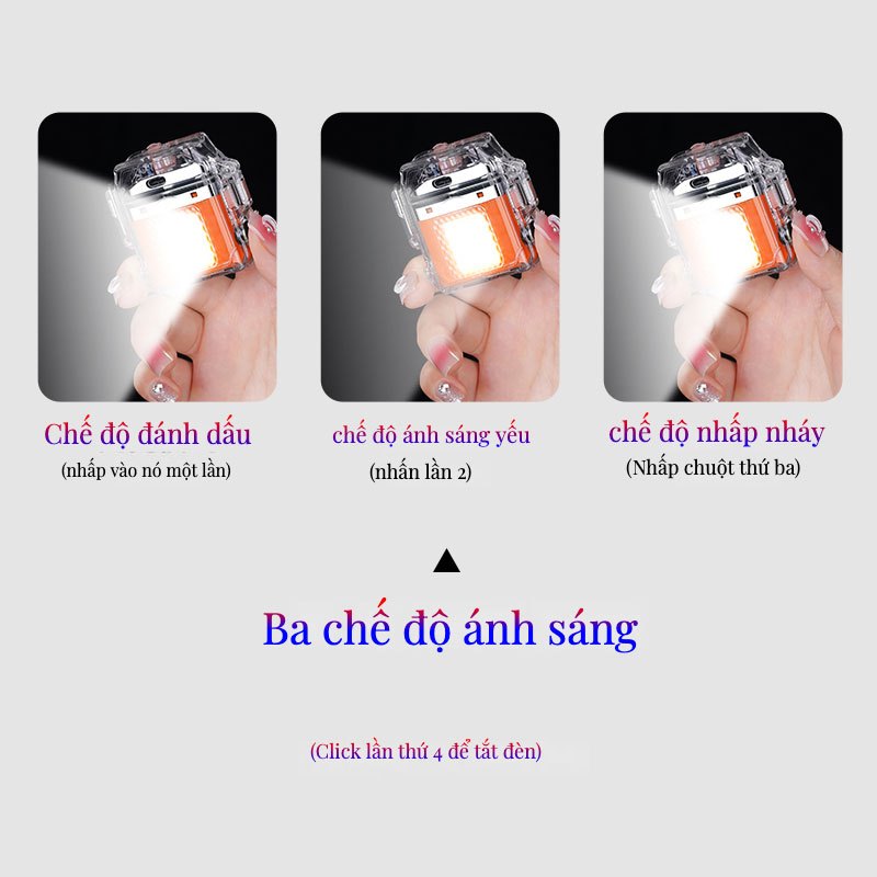 Quẹt Điện Plasma Tích Hợp Đèn Pin 3 Chế Độ Siêu Sáng - Vỏ Trong Suốt Chống Gió, Chống Nước - Hàng cao cấp
