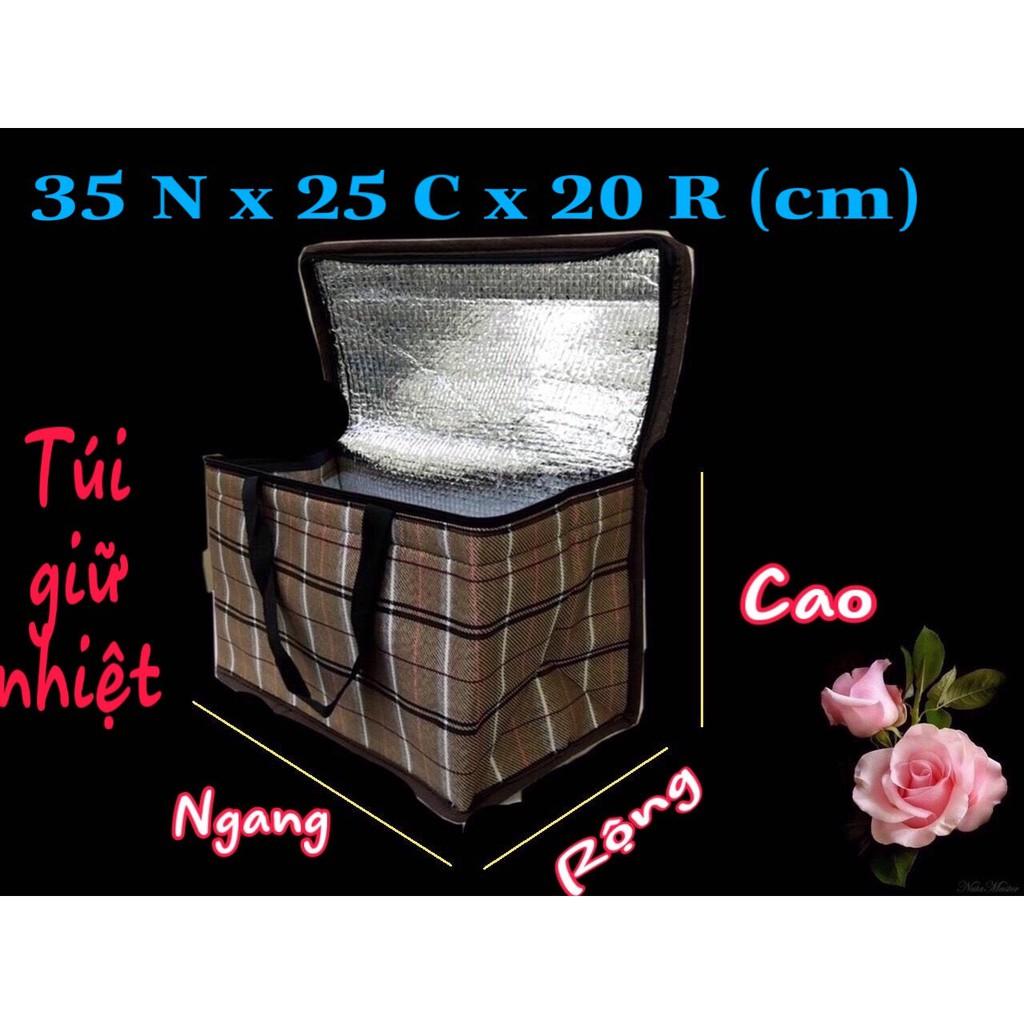 Túi giữ nhiệt lớn Ngang 35 x Cao 25 x Rộng 20 (cm), vải bố dầy, hình hộp ngang, nặng 400gr giao màu ngẫu nhiên