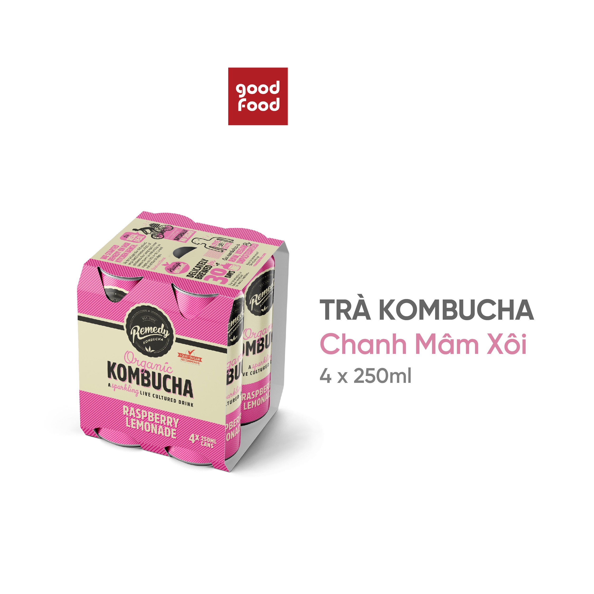 Lốc 4 lon Trà Kombucha có ga hương chanh mâm xôi Remedy Organic Kombucha Raspberry Lemonade 250ml