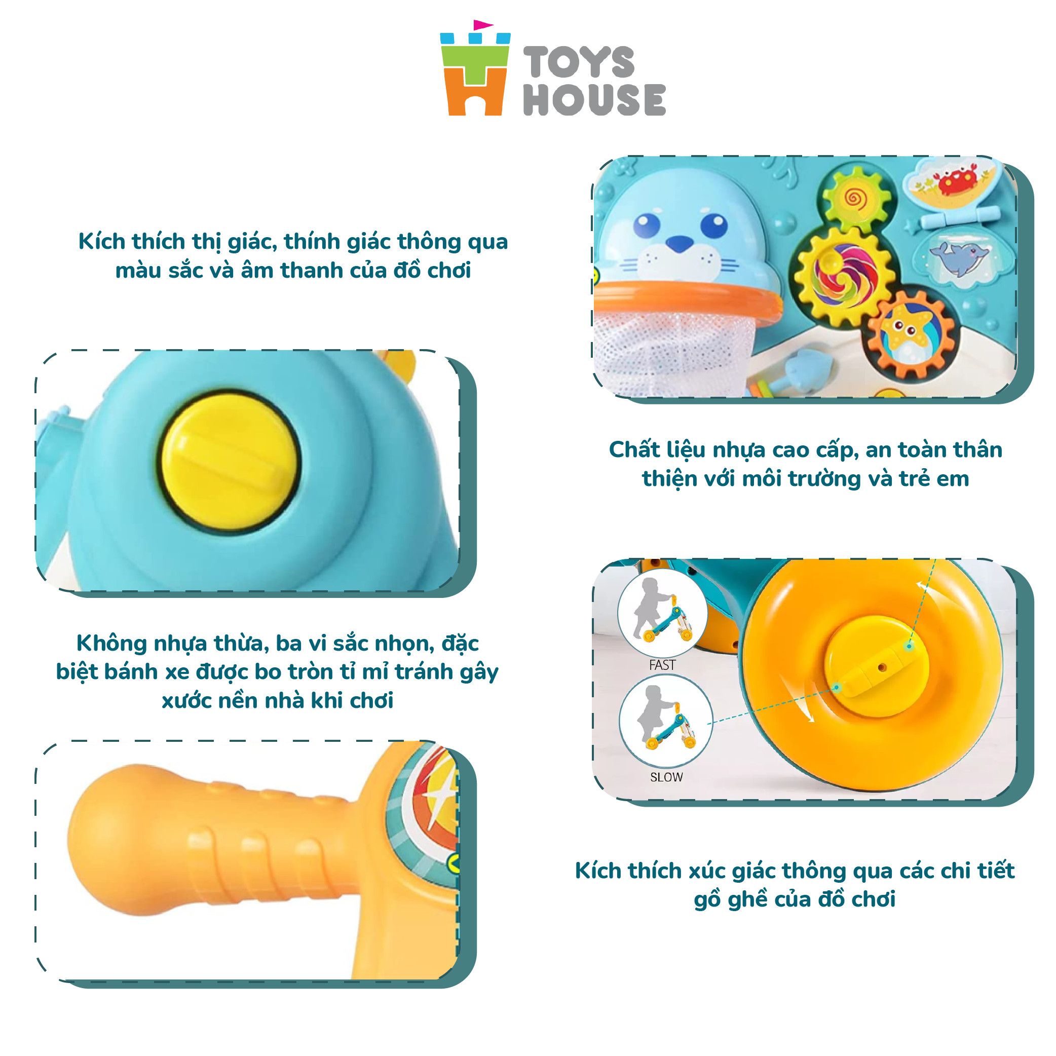 Xe tập đi đa năng 4 trong 1: xe tập đi, bàn nhạc, chòi chân, trượt scooter Toyshouse HE0826