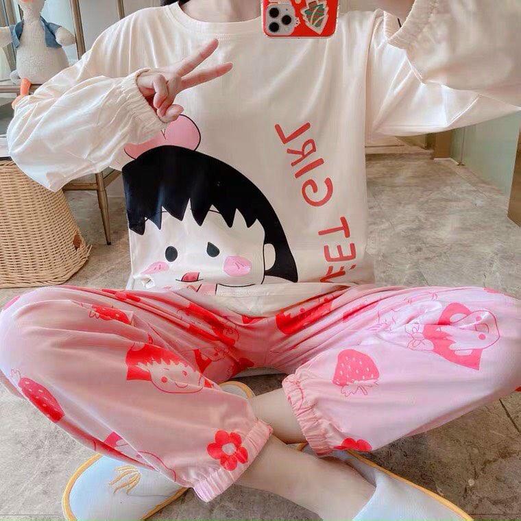 Set bộ đồ dành cho nữ, in hình cô gái dễ thương, áo dài tay quần dài chất thun cotton mềm mại mát mẻ