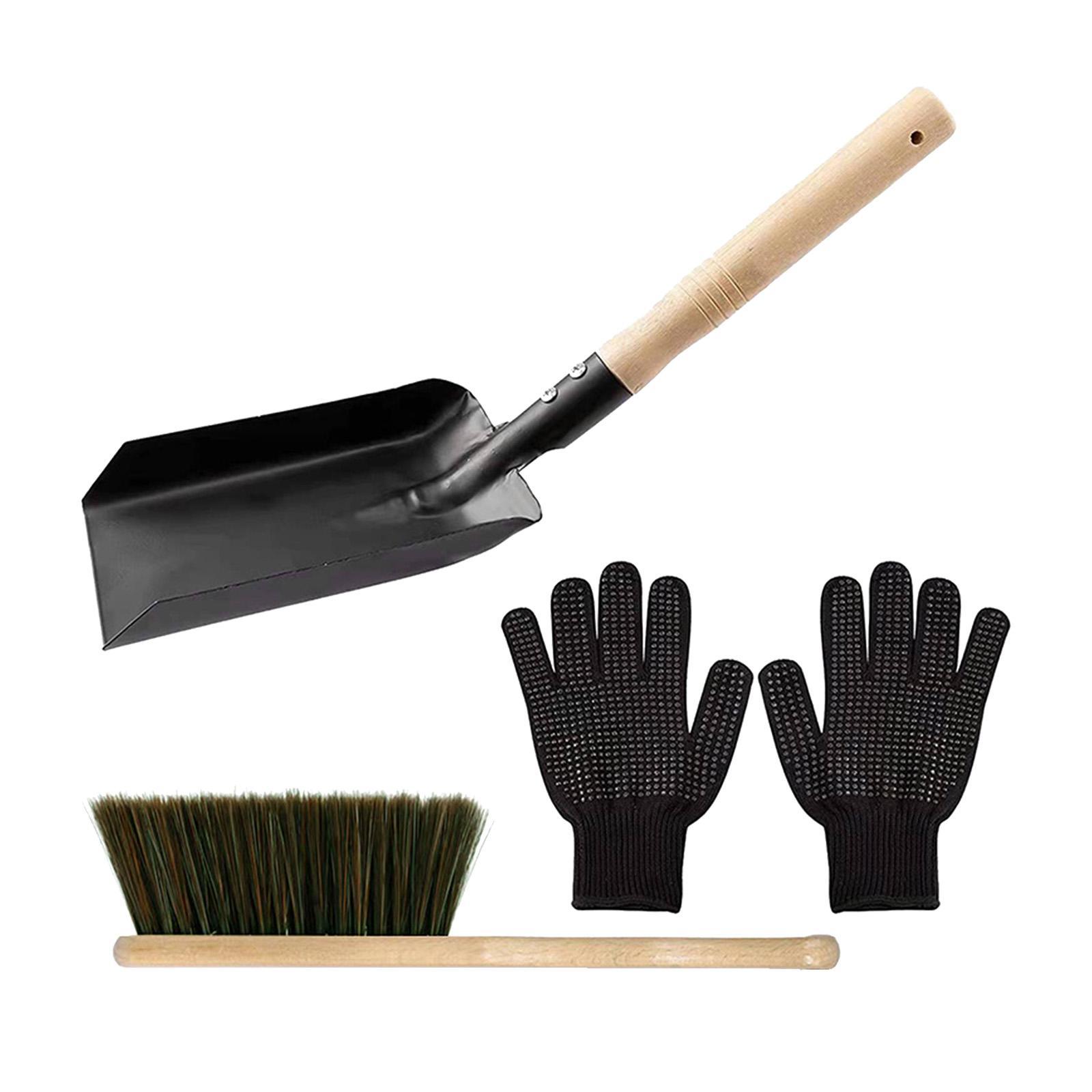 Fire Fireplace Tools Metal Silicone Gloves, Accessories,Fireplace Broom Steel Spade and Ash Brush Set for Dust Cleaning