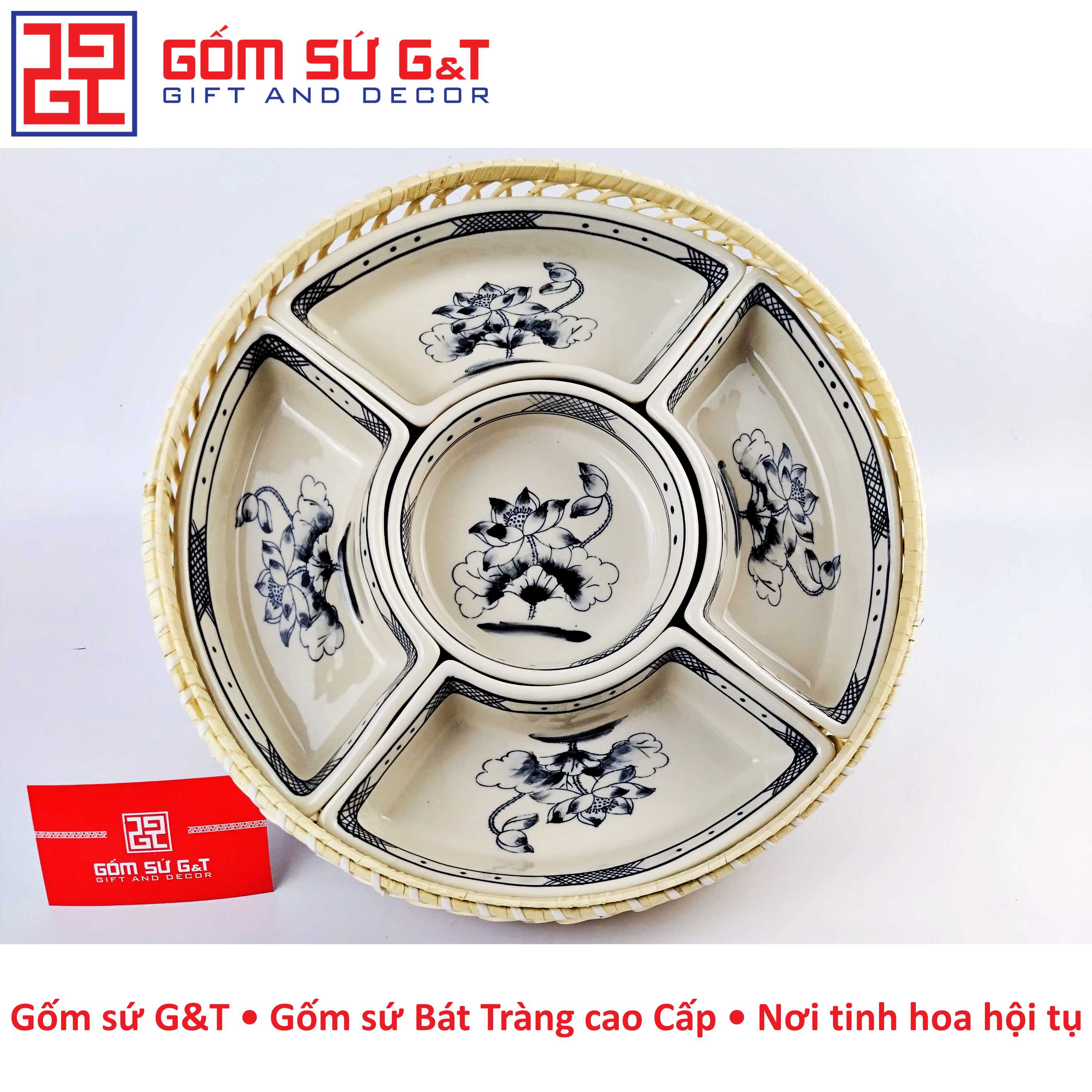 Khay mứt tết vẽ hoa sen Gốm Sứ G&amp;T