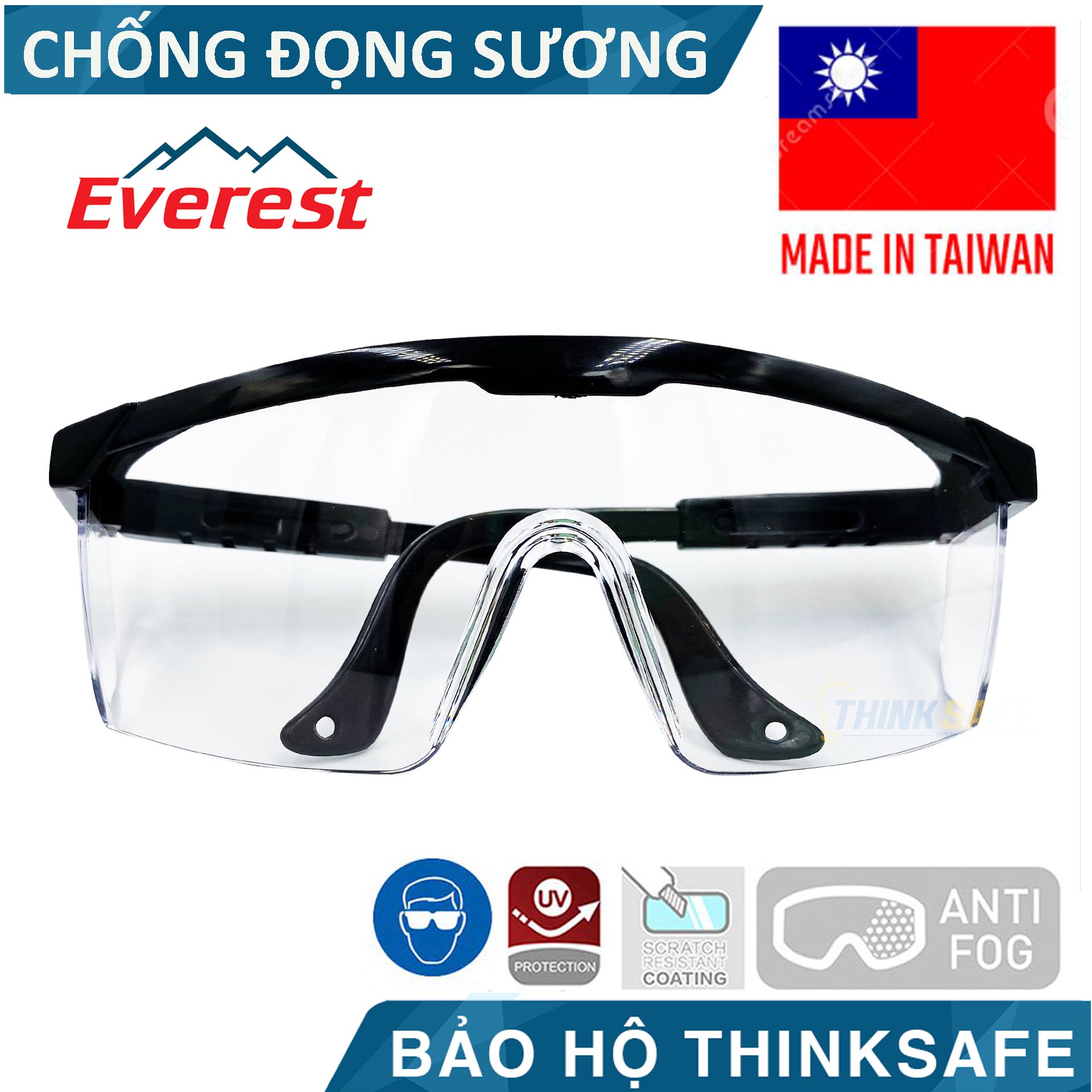 Kính bảo hộ Everest EV105 chống đọng sương, chống bụi, chống trầy xước (trắng trong) - EV105 Clear Anti-fog