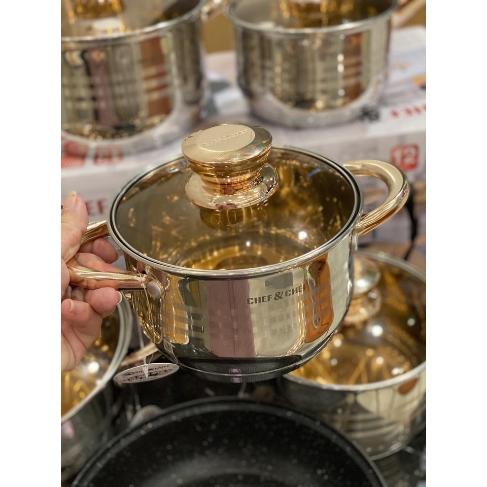 BỘ NỒI 6 MÓN 12 CHI TIẾT VUNG KÍNH CHEF&CHEF CÔNG NGHỆ ĐỨC