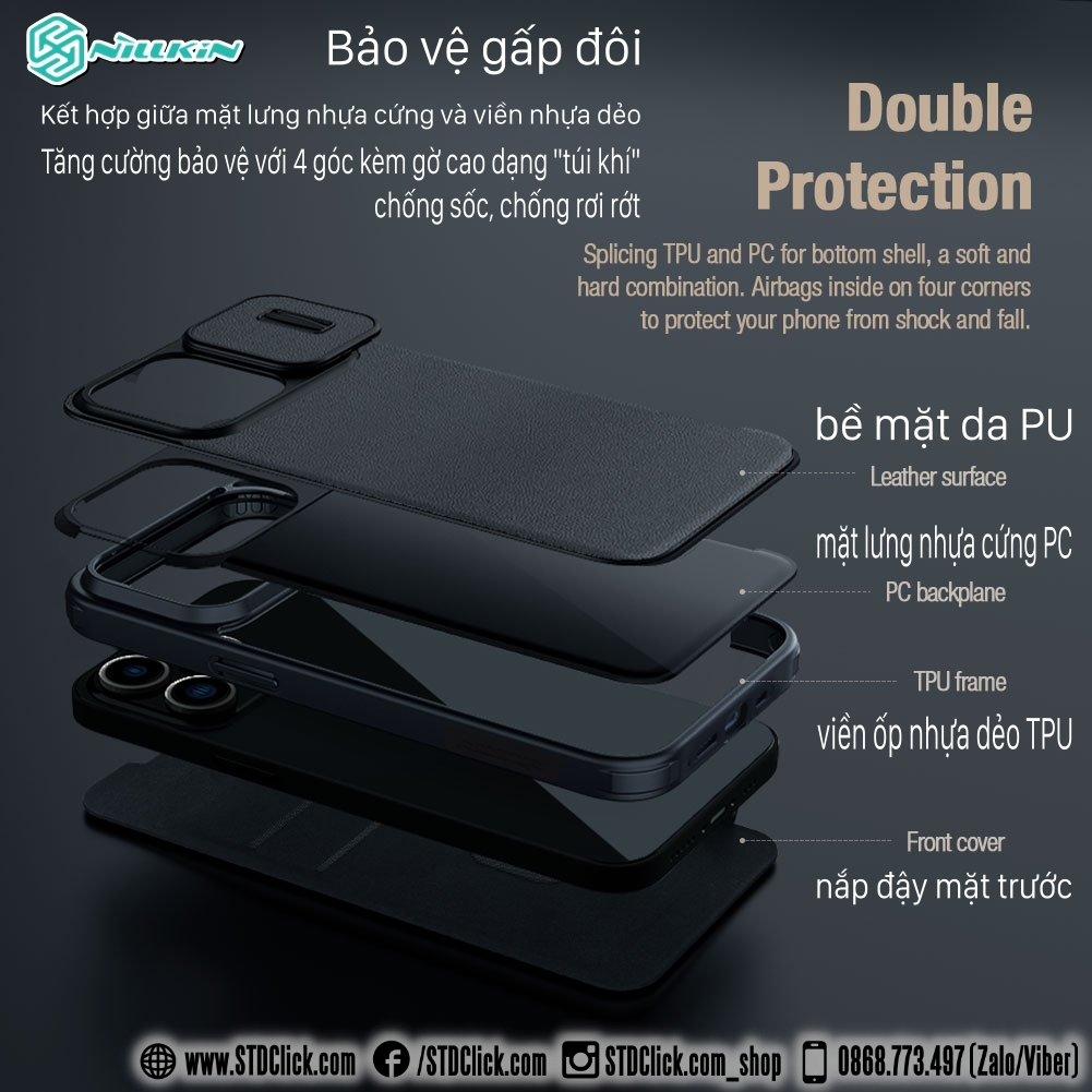 BAO DA DÀNH CHO ĐIỆN THOẠI IPHONE 15 PRO MAX - 15 PRO NILLKIN QIN PRO plain leather + cloth BẢO VỆ CAMERA