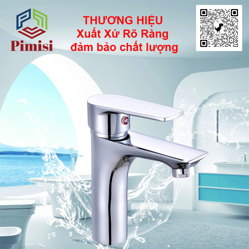 Vòi Nước Lavabo Pimisi PV-306C-1 Nóng Lạnh 1 Lỗ, Thân Củ Gật Gù Làm Từ Đồng Thau Mạ Crom-Niken Sáng Bóng Dùng Cho Chậu Rửa Mặt Treo Tường 1 Lỗ Hoặc Âm Bàn Đá Trong Nhà Vệ Sinh Với Đầy Đủ Phụ Kiện Xi Phông Và Dây Cấp Nước | Hàng Chính Hãng