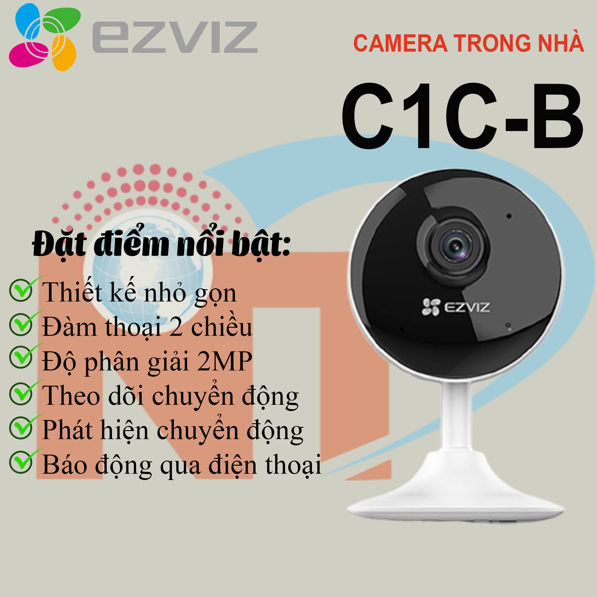 Camera WIFI Trong Nhà Ezviz C1C-B 1080P Nhỏ gọn, Sắt Nét, Hổ trợ thẻ nhớ lên đến 128G - Hàng Chính Hãng