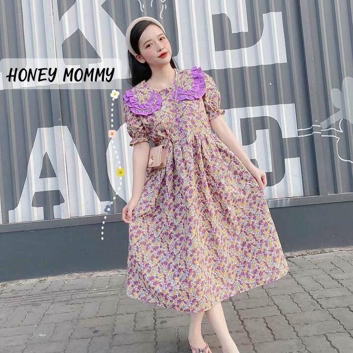 Váy Bầu Babydoll Hoa Nhí Cổ Bèo HD2829 Honey Mommy Đầm Bầu Hoa Ngắn Tay Mùa Hè Đi Chơi Công Sở Cổ Tròn