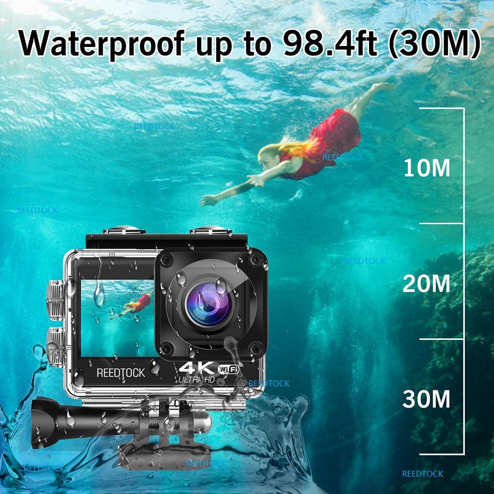 Camera hành động WiFi 4K 30fps Màn hình kép 170 ° góc 4 x Zoom 30m Máy ảnh thể thao chống thấm nước với điều khiển từ xa