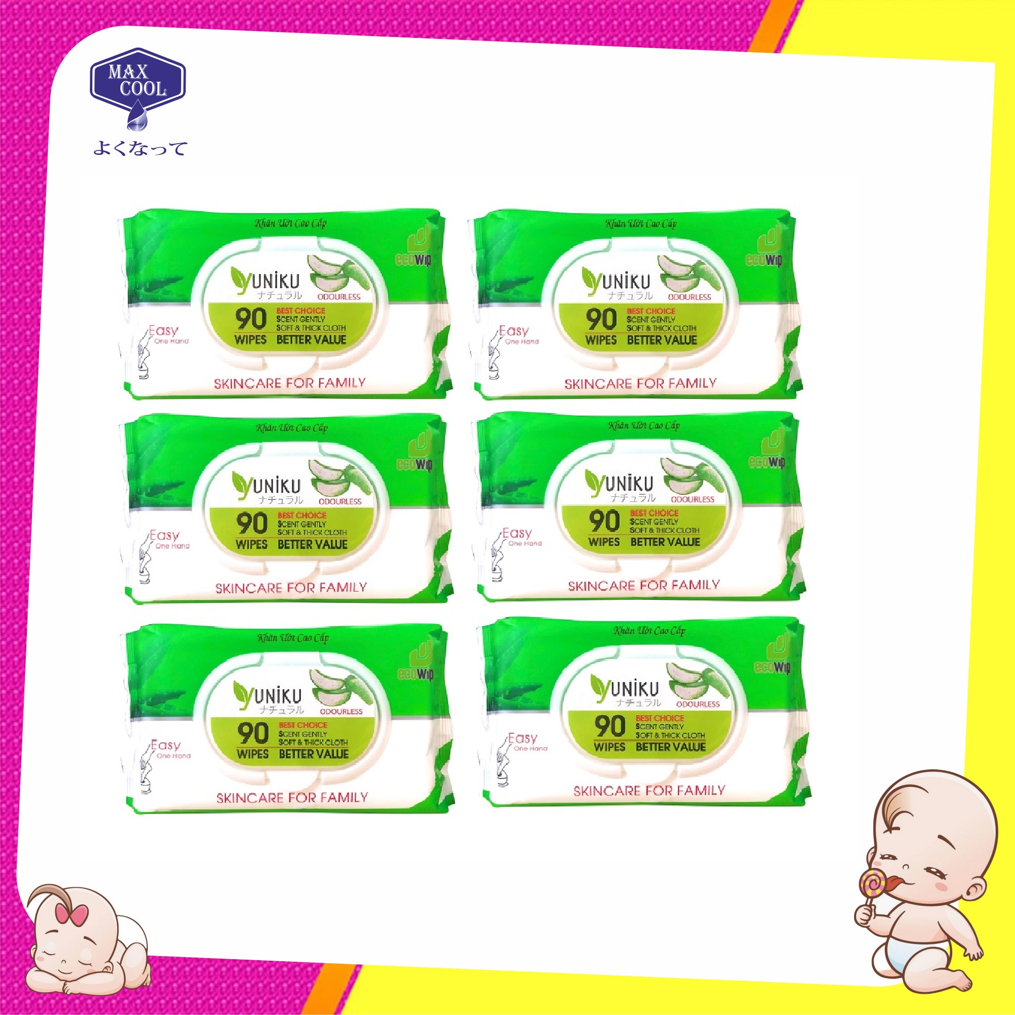 Combo 6 Gói Khăn Ướt Yuniku 90 Tờ Không Hương