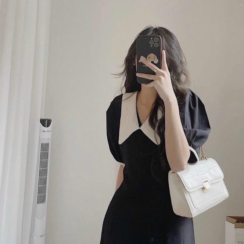Đầm đen cổ trắng form dài