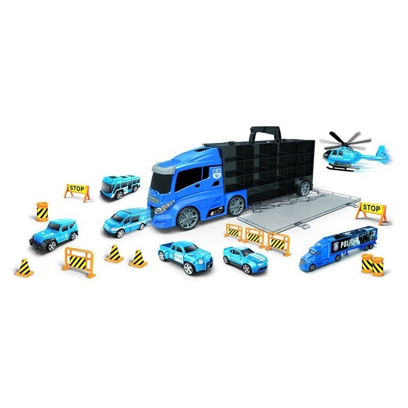 TOYSTAR - 666-02H Mô hình Bộ xe tải vận chuyển gồm 6 ô tô, 1 máy bay, 12 biển báo giao thông