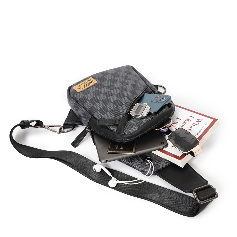 Men's Plaid Crossbody Chest Bag Pu Leather Casual Waist Bag