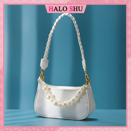 Túi xách nữ, túi cắp nách dây bện kết hợp quai ngọc giả sang trọng HALO SHU size 23 mã TX009 đen trắng