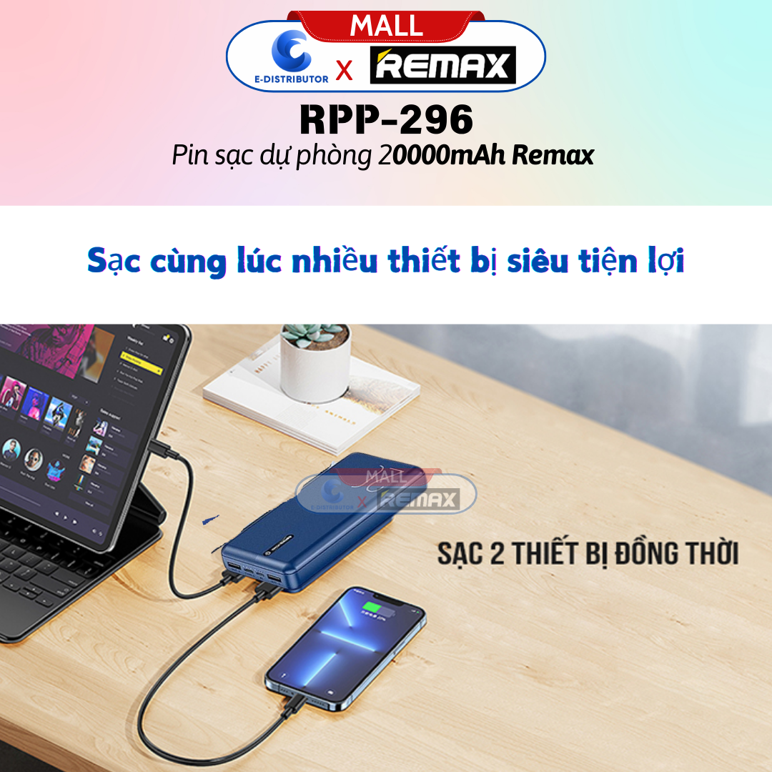 Sạc dự phòng Remax 20000mAh RPP-296 - Hàng Chính Hãng - Bảo Hành 12 Tháng