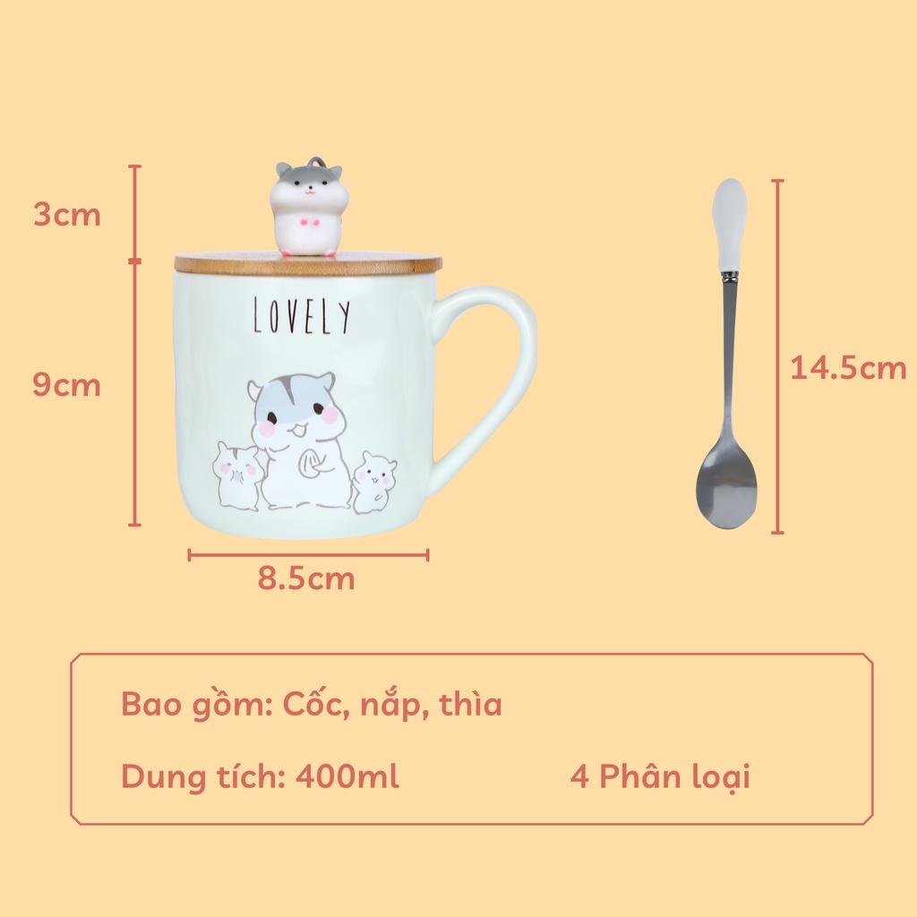 Cốc sứ, ly sứ hình chuột kèm nắp và thìa 400ml cực cute, họa tiết sắc nét bền đẹp