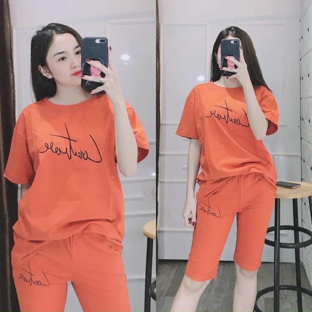 Đồ bộ nữ, set bộ đồ lửng mặc nhà thêu chữ chất vải cotton co giãn