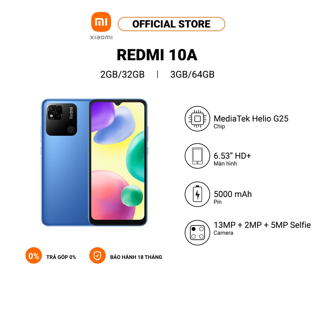 Điện thoại thông minh XIAOMI Redmi 10A 2GB+32GB/3GB+64GB MediaTek Helio G25 | 6,53" HD+ Hàng chính hãng