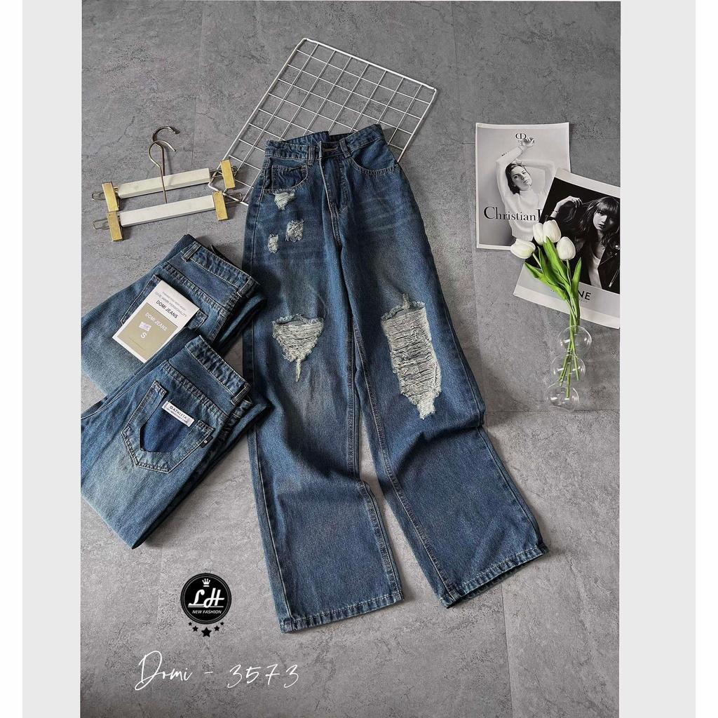 Quần jean nữ ống rộng, quần bò màu xanh rách gối rách túi tua rua khoét túi sau siêu lạ lưng cao Lê Huy Fashion MS 3573